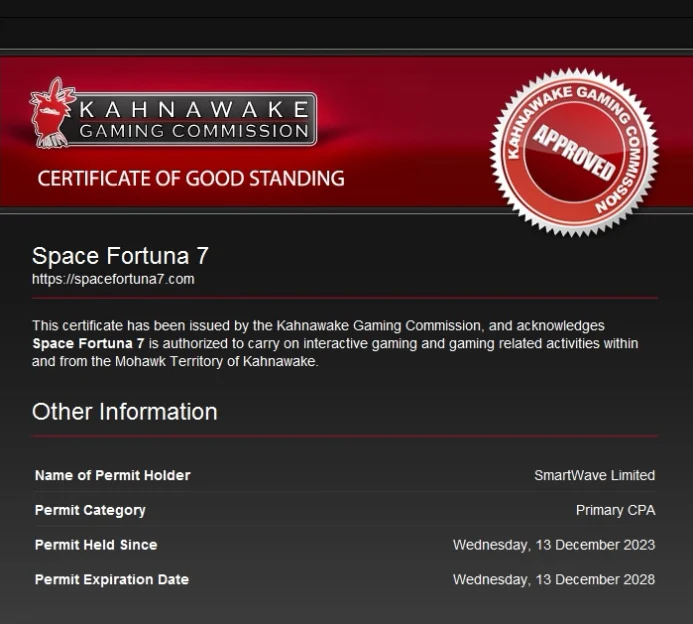 Certificat de bonne réputation de Space Fortuna 7 délivré par la Kahnawake Gaming Commission